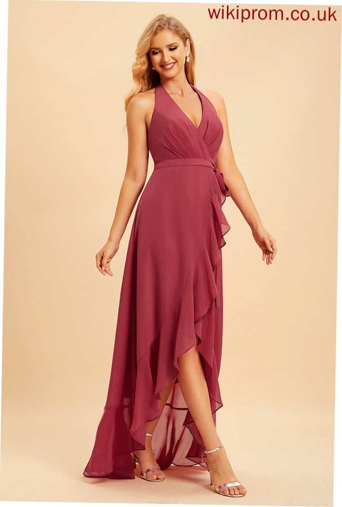 Neckline Fabric Asymmetrical Silhouette A-Line Embellishment Ruffle Length Halter Hana Floor Length Sleeveless Bridesmaid Dresses