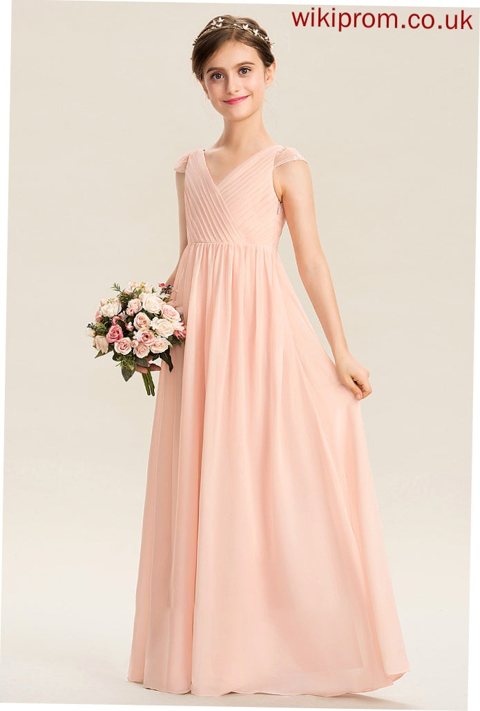 Floor-Length Ruffle With Junior Bridesmaid Dresses Hadassah Chiffon V-neck Lace A-Line