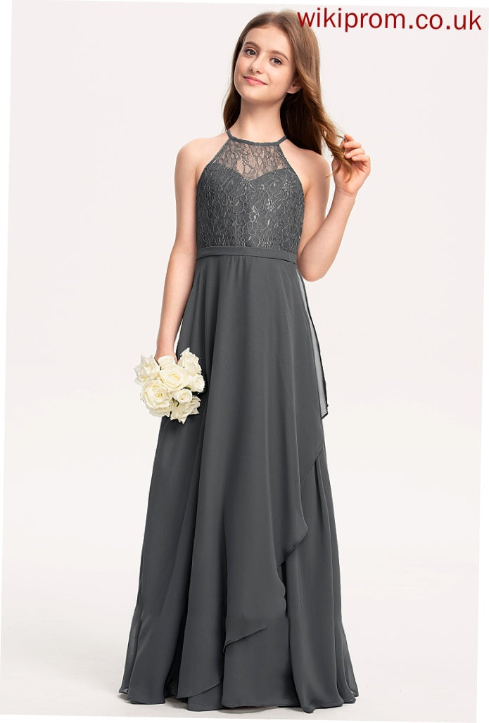 A-Line Scoop Chiffon With Junior Bridesmaid Dresses Lace Germaine Ruffles Cascading Neck Floor-Length