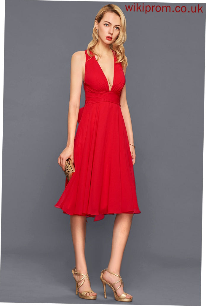 Bow(s) Sandy V-Neck Sleeveless Club Dresses Chiffon Midi A-line Chiffon Ruffle Dresses