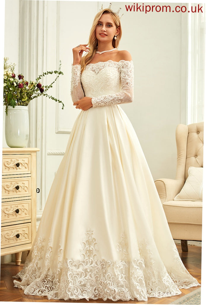 With Beading Off-the-Shoulder Wedding Dresses Dress Lace Satin Ball-Gown/Princess Wedding Sweep Elaina Sequins Train