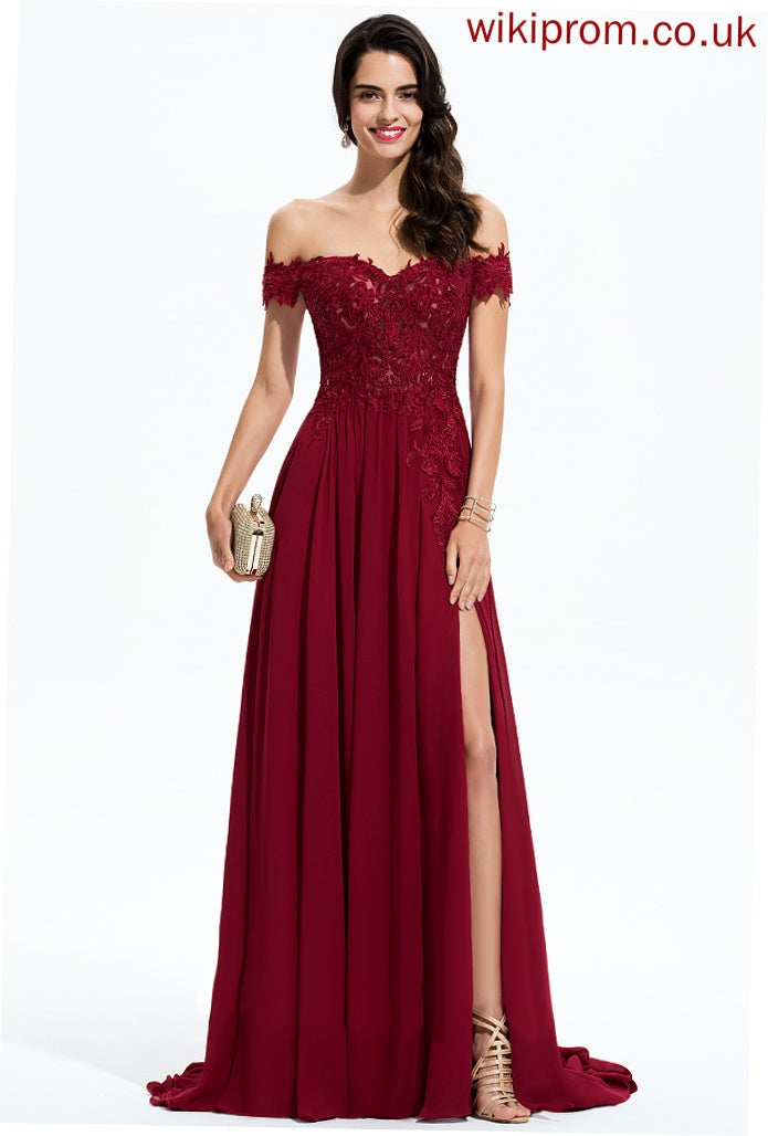 Sweep Off-the-Shoulder Train Sequins Prom Dresses Chiffon With Henrietta A-Line