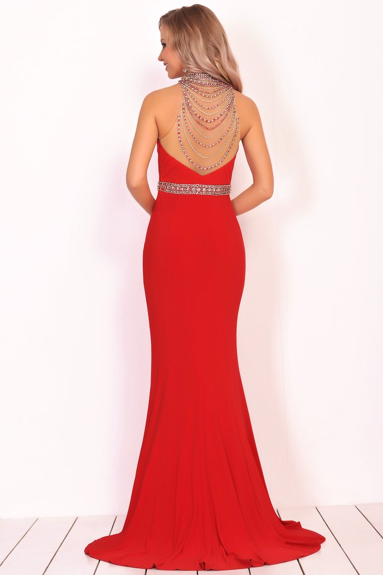 Prom Dresses Mermaid High Neck Spandex With Beading Sweep Train