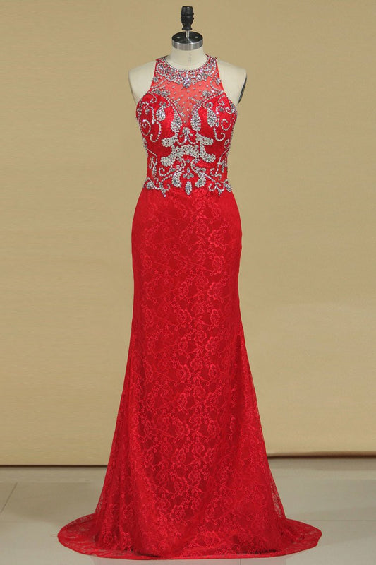 Prom Dresses Mermaid Scoop Lace With Beading Sweep Train