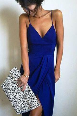 Long Royal Blue V-Neck Criss Cross Spaghetti Straps Slit Mermaid New Style Evening Dresses WK58