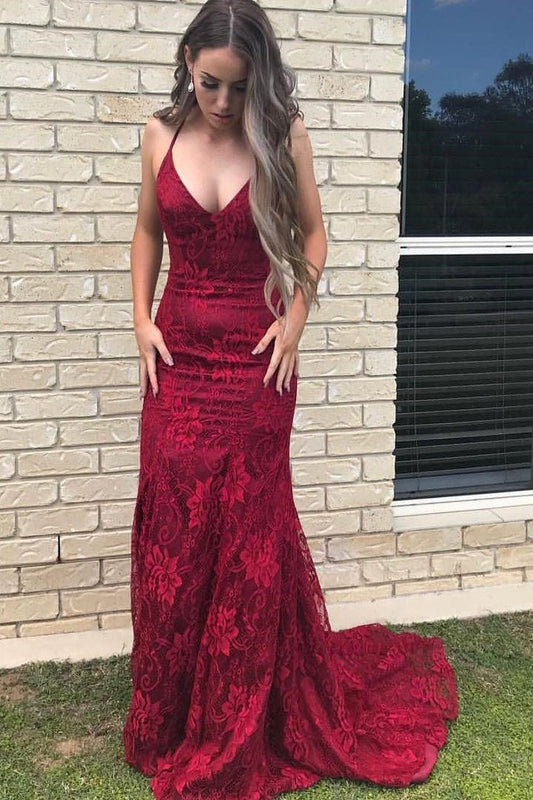 Elegant Straps V Neck Burgundy Lace Mermaid Long Evening Dresses, Prom Dresses SWK15206