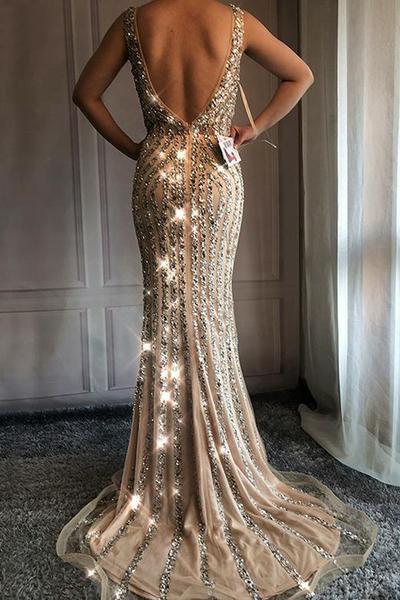 V Neck Long Mermaid Rhinestone Beaded Luxury Prom Dresses Backless Party SWK14399