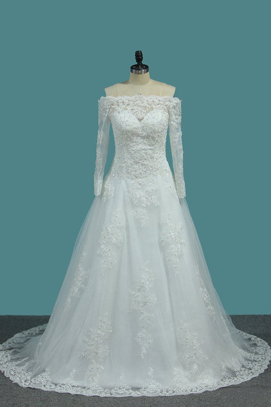 New Arrival Tulle Long Sleeves Boat Neck A Line Wedding Dresses