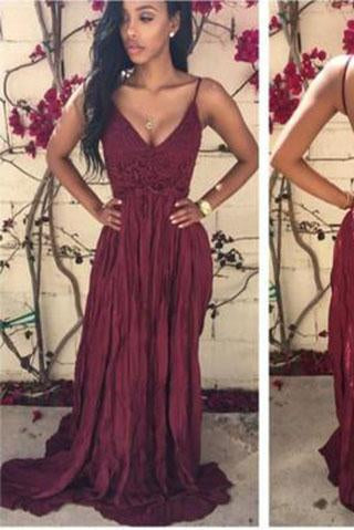 Simple Burgundy A-Line Chiffon Lace V-Neck Spaghetti Straps Backless Long Prom Dresses WK04