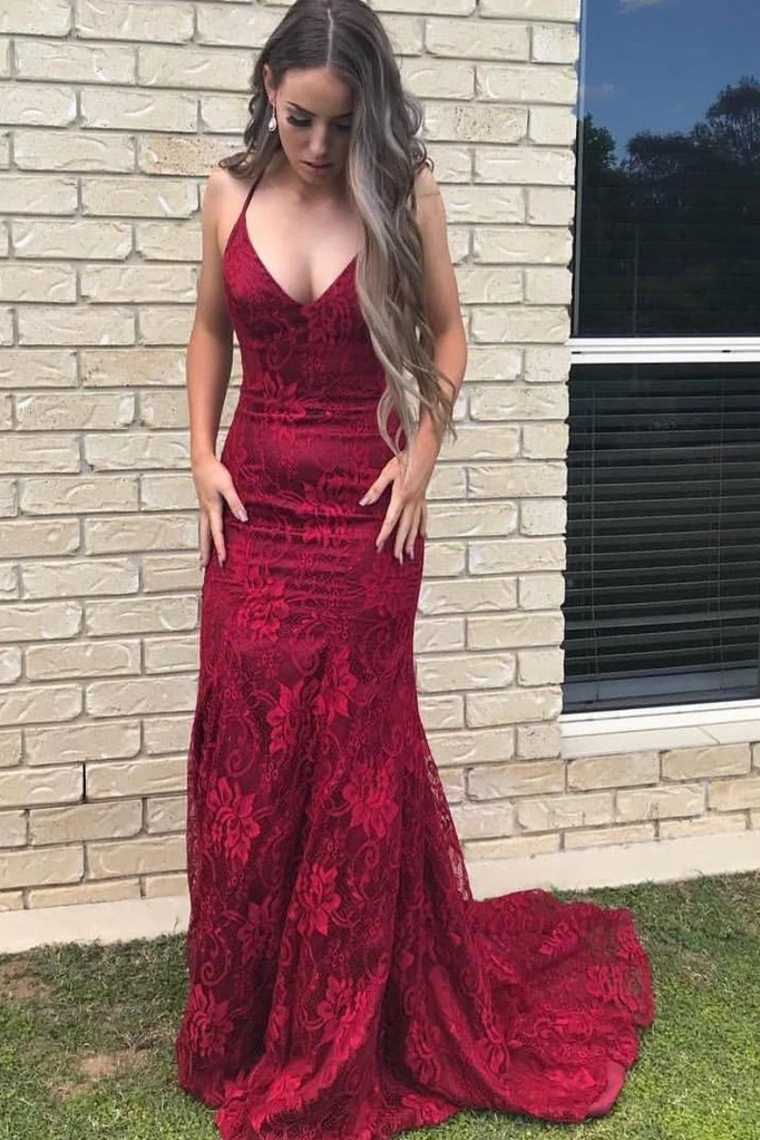 Elegant Straps V Neck Lace Mermaid Long Evening Dresses Prom SWKPS1EG38N