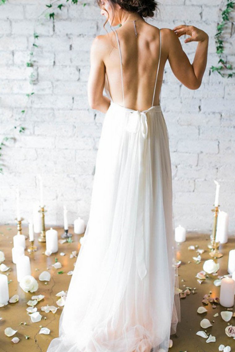 Sexy Open Back Spaghetti Straps Wedding Dresses A Line Ruched Bodice Chiffon