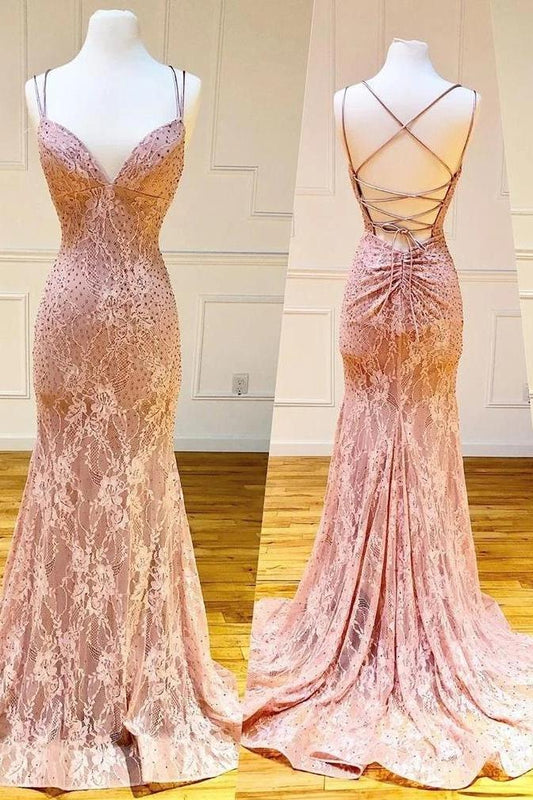 Mermaid Spaghetti Straps Pink Lace V Neck Beads Prom Dresses with SWK15654