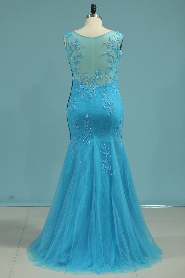 Scoop Mermaid Prom Dresses With Beads Lace And Tulle Sweep Train