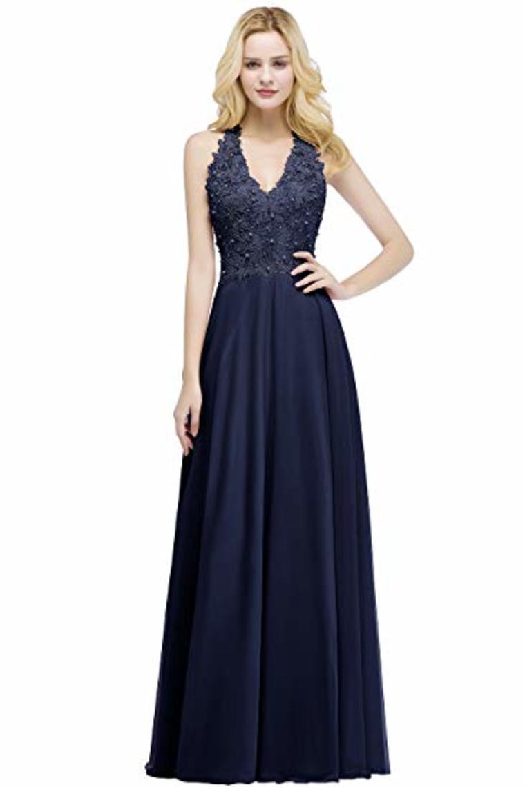 Lace Chiffon Prom Dresses Beading Applique A Line V Neck Evening Dresses