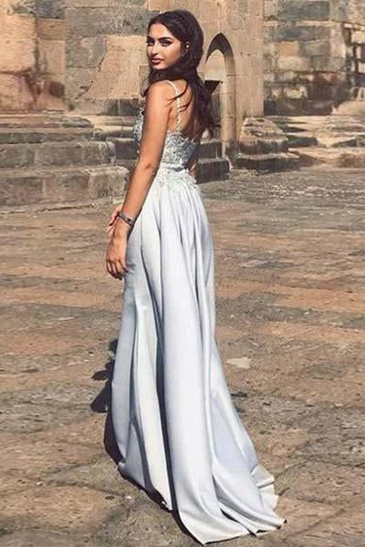 Mermaid Gray Spaghetti Straps Sweetheart Satin Detachable Prom Dresses with SWK12754