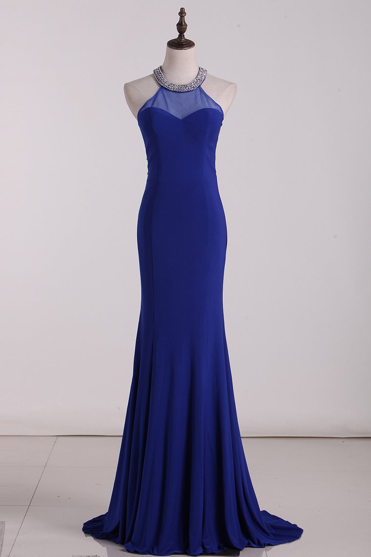 Prom Dresses Scoop Mermaid Spandex With Beading Sweep Train