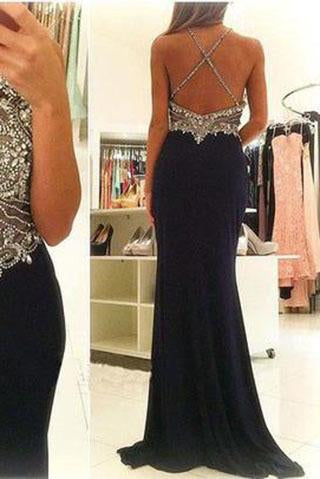 Halter Beading Mermaid Sexy Real Made Criss Cross Scoop Sleeveless Prom Dresses uk L09