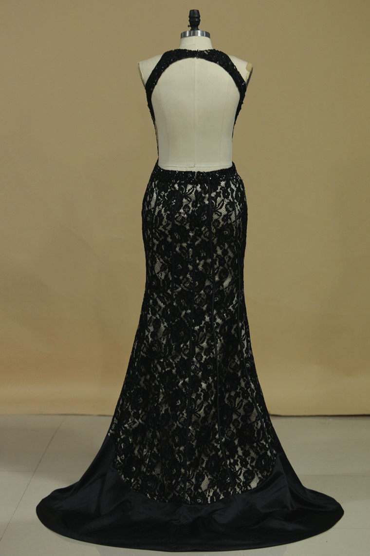 Scoop Open Back Mermaid Lace With Beads Evening Dresses