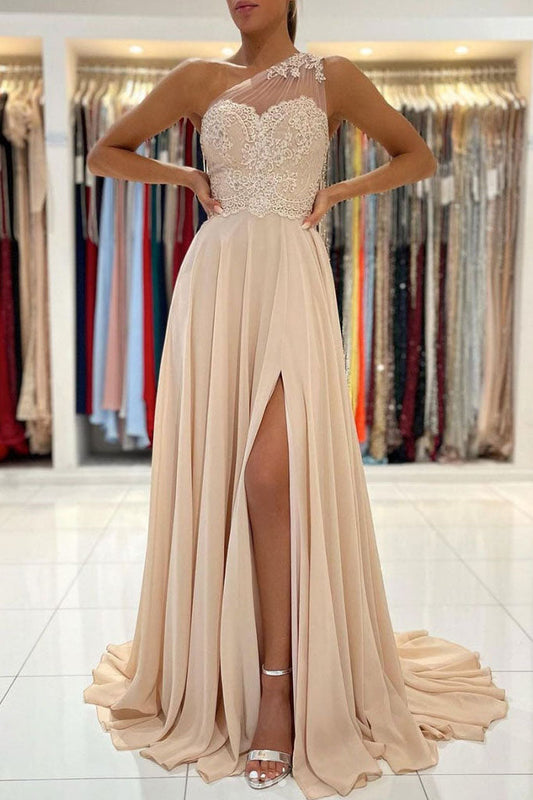 Champagne Chiffon A-Line One Shoulder Formal Evening Dresses Long Appliques Prom Dresses