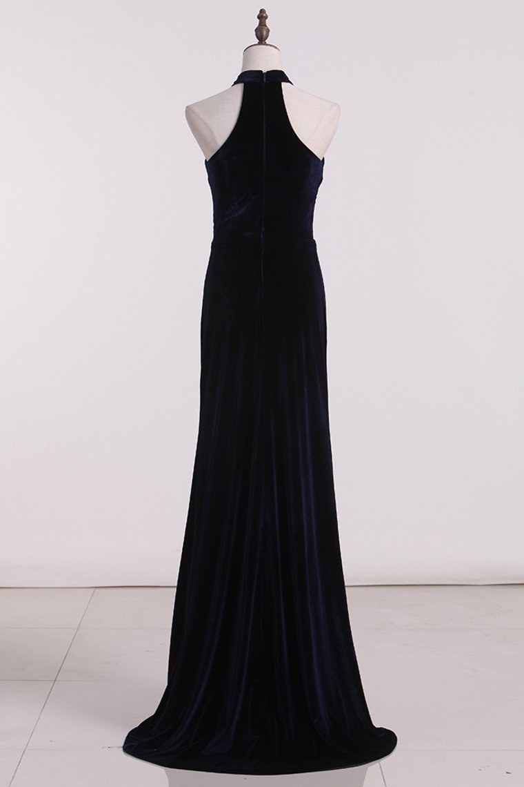 High Neck Mermaid Velvet Evening Dresses With Slit Floor Length