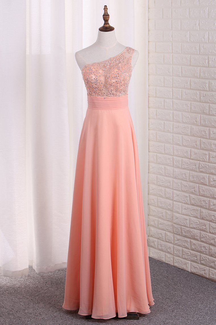 Chiffon One Shoulder A Line Prom Dresses With Applique Sweep Train