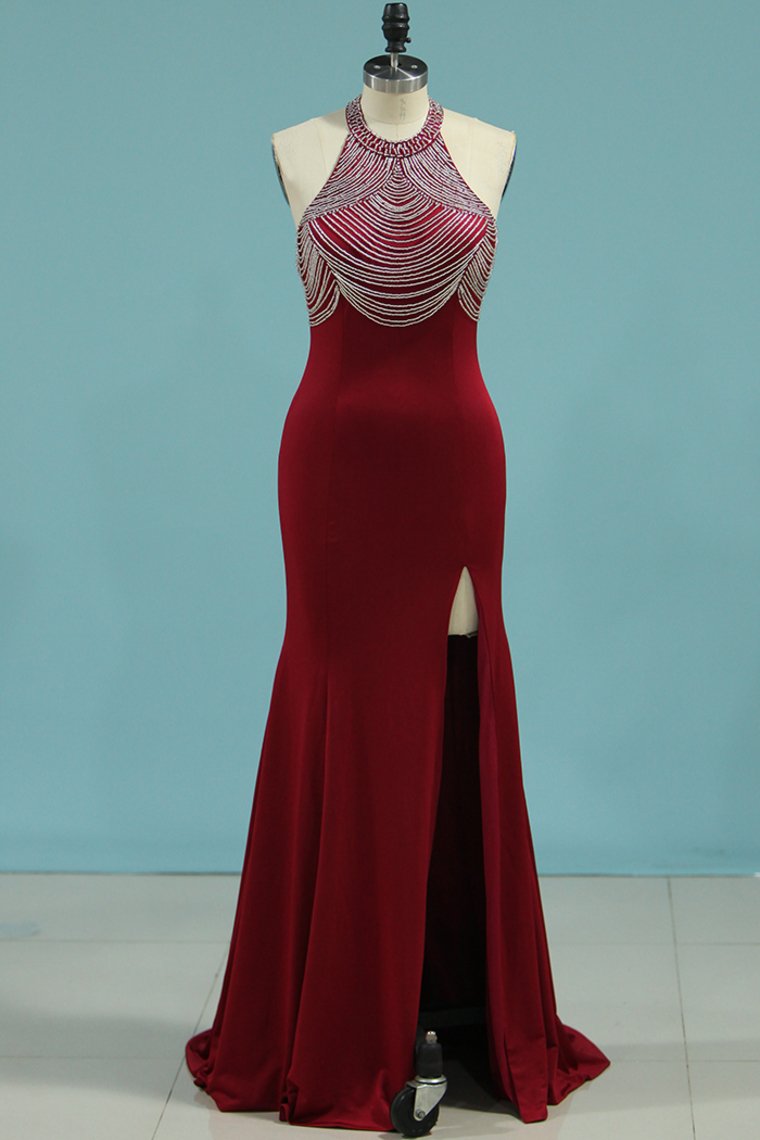 Mermaid Scoop Spandex With Beads And Slit Prom Dresses Open Back