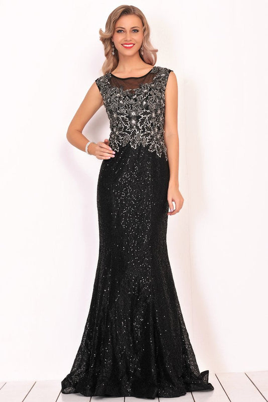 Scoop Prom Dresses Mermaid Sequins With Beading Sweep Train