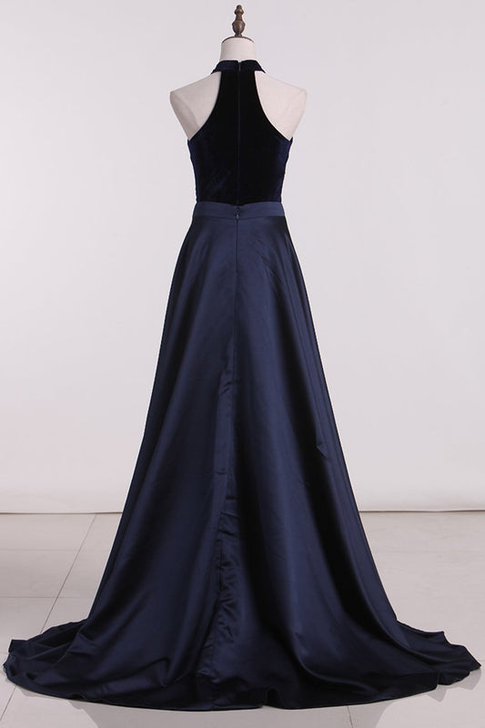 High Neck Mermaid Velvet Evening Dresses With Slit Floor Length