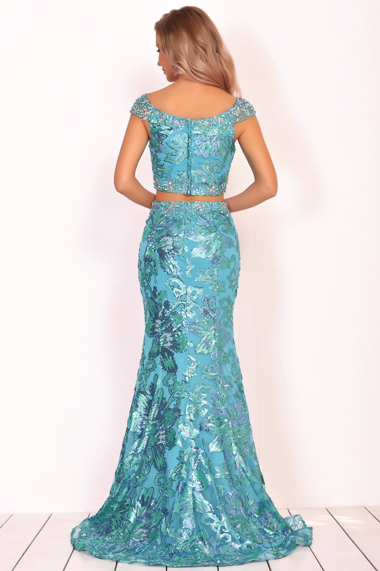 Mermaid Cap Sleeves Tulle Prom Dresses With Beads&Sequins Sweep Train