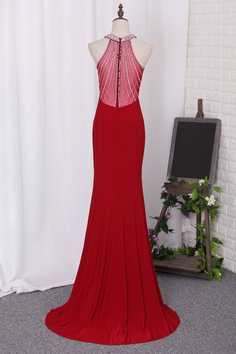 Prom Dresses Scoop Mermaid Spandex With Beading Sweep Train