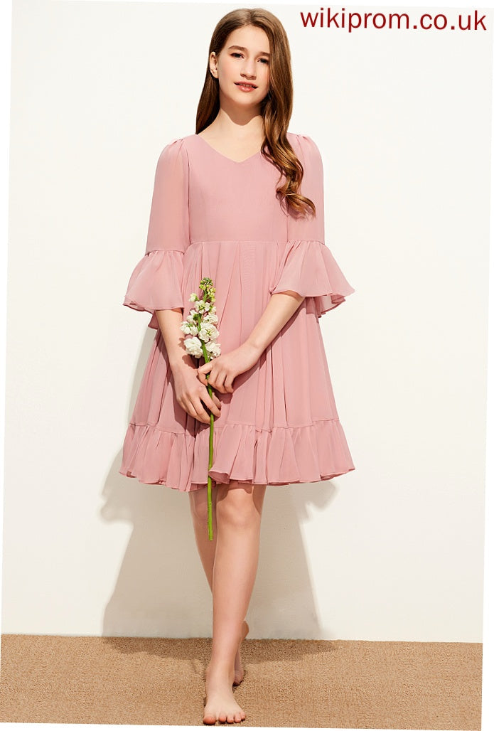 Ruffles Chiffon Knee-Length With A-Line V-neck Hadassah Cascading Junior Bridesmaid Dresses