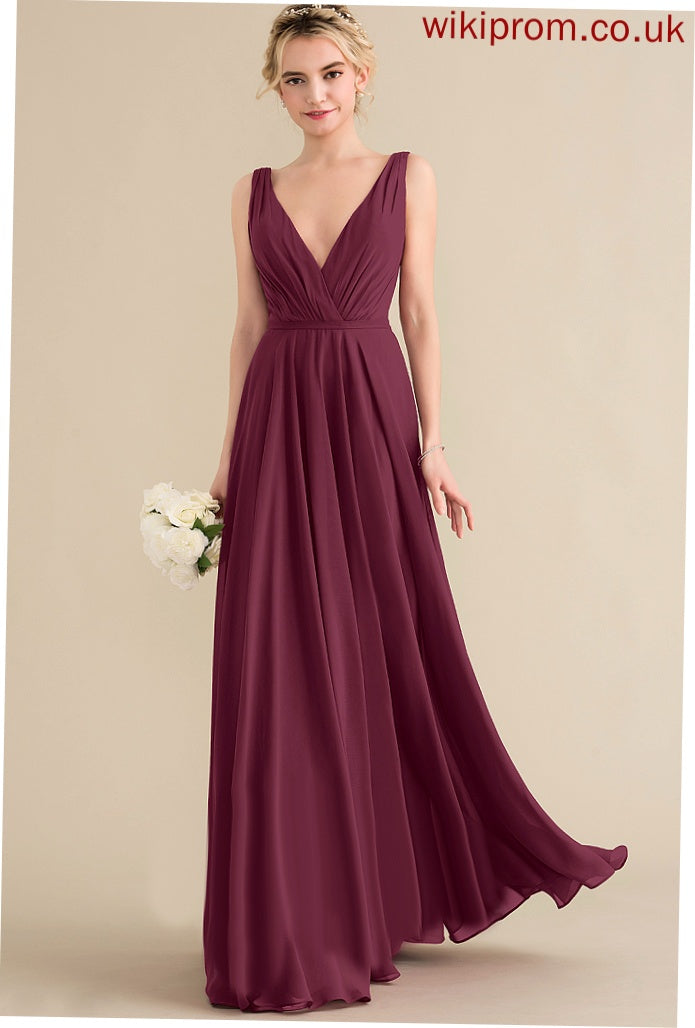 Chiffon A-Line Emelia Pleated Floor-Length Prom Dresses V-neck With