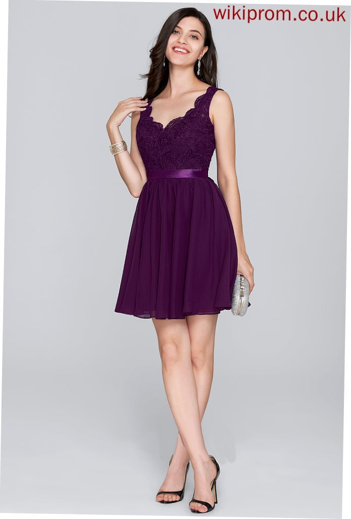 With A-Line V-neck Homecoming Dresses Bow(s) Homecoming Maddison Chiffon Short/Mini Lace Dress