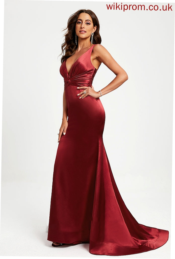 Prom Dresses Train Pleated Satin Sweep V-neck Laura Trumpet/Mermaid With