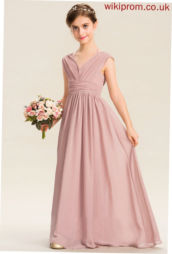 Junior Bridesmaid Dresses Floor-Length Chiffon With Bow(s) A-Line Mavis Ruffle V-neck