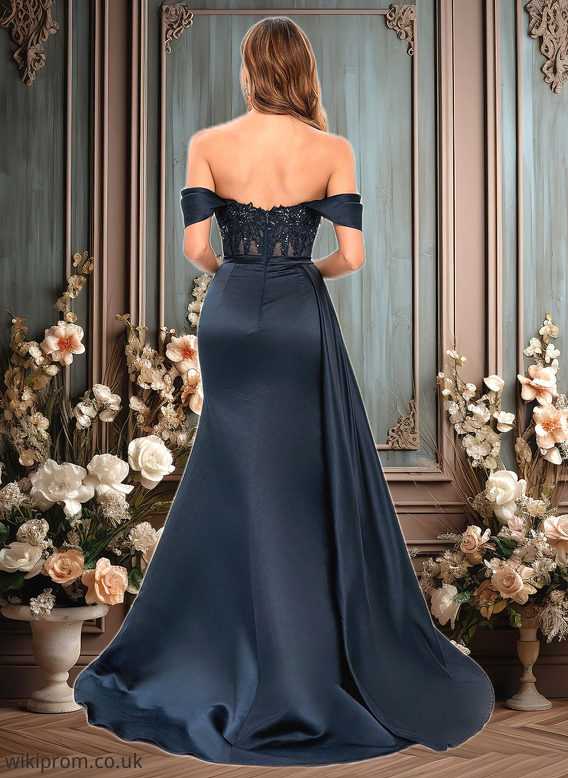 Patience Trumpet/Mermaid Off the Shoulder Sweep Train Satin Prom Dresses With Sequins Appliques Lace SWKP0025835