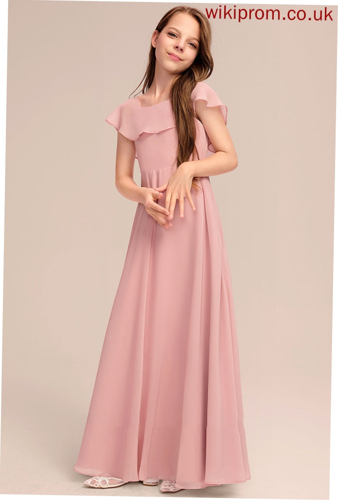 Chiffon Floor-Length Junior Bridesmaid Dresses Henrietta Ruffles A-Line With Scoop Neck Cascading