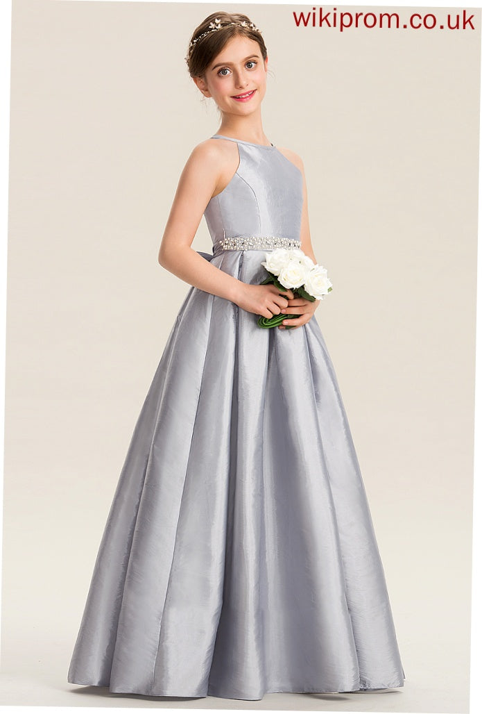 A-Line With Junior Bridesmaid Dresses Neck Taffeta Bow(s) Floor-Length Beading Kaelyn Scoop