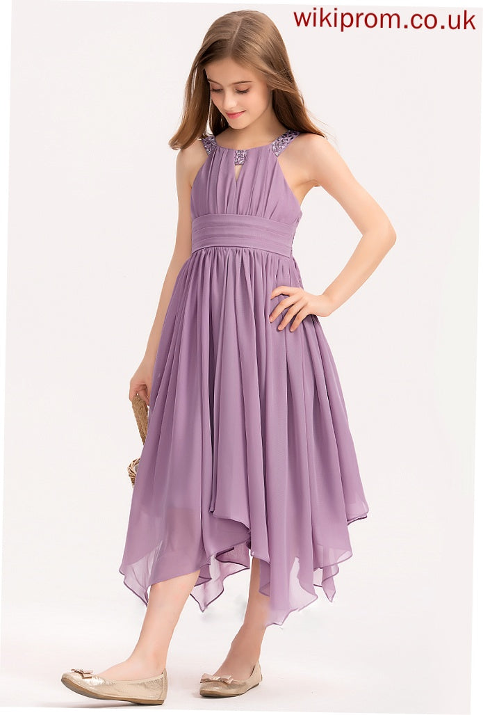 Ruffle Danika Tea-Length Beading With Neck A-Line Junior Bridesmaid Dresses Bow(s) Chiffon Scoop