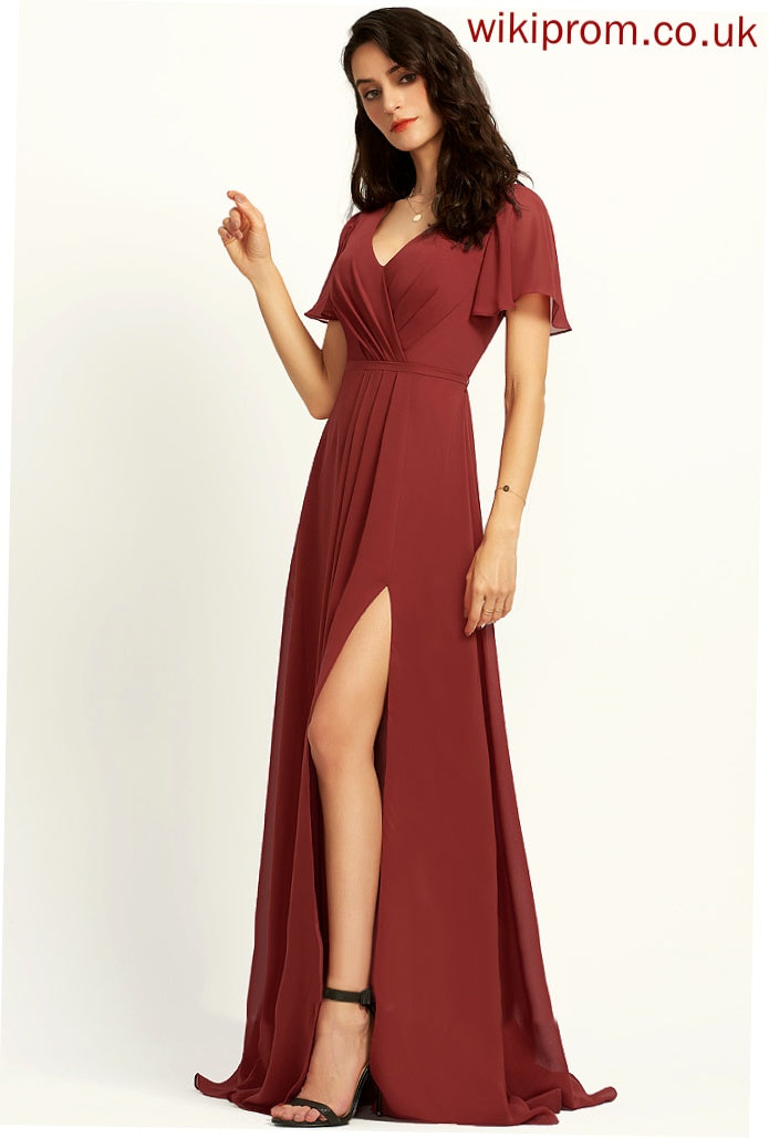 Floor-Length Silhouette Length SplitFront Fabric Neckline Embellishment V-neck A-Line Logan Bridesmaid Dresses