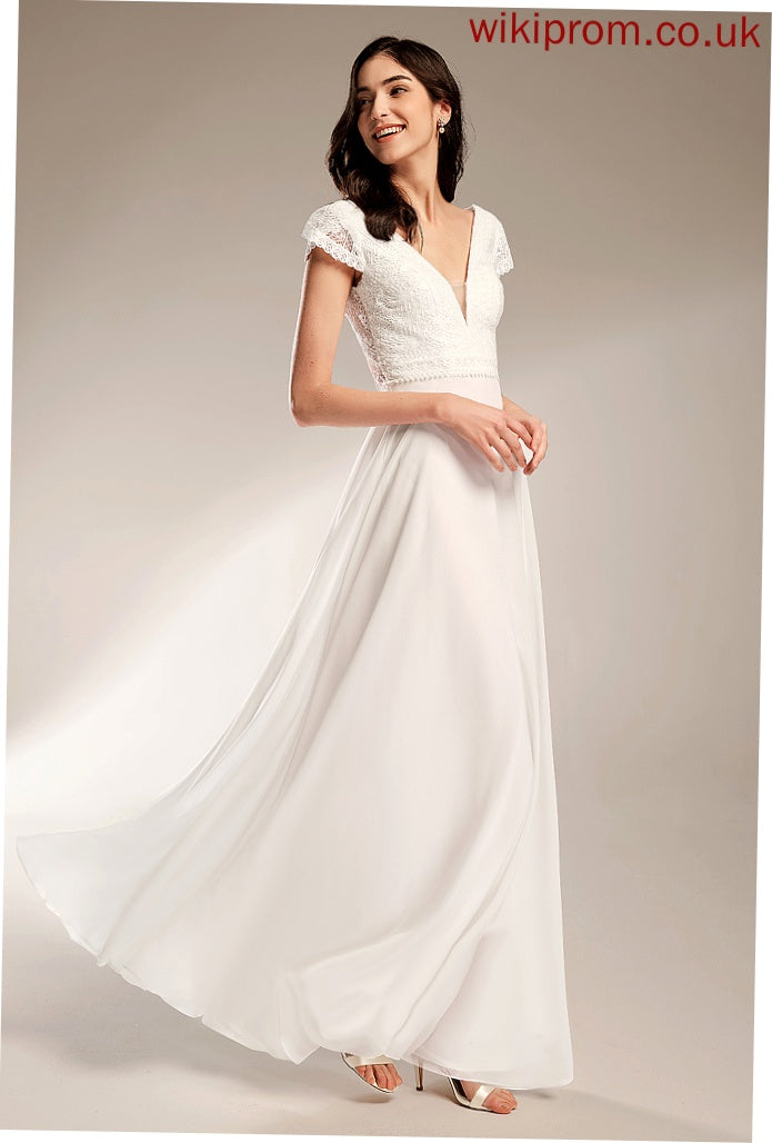 A-Line Leslie V-neck Wedding Dresses Floor-Length Lace Chiffon Wedding Dress