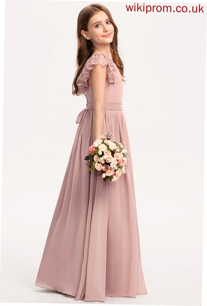 Chiffon Floor-Length Junior Bridesmaid Dresses Bow(s) Lace Isla Neck A-Line With Scoop