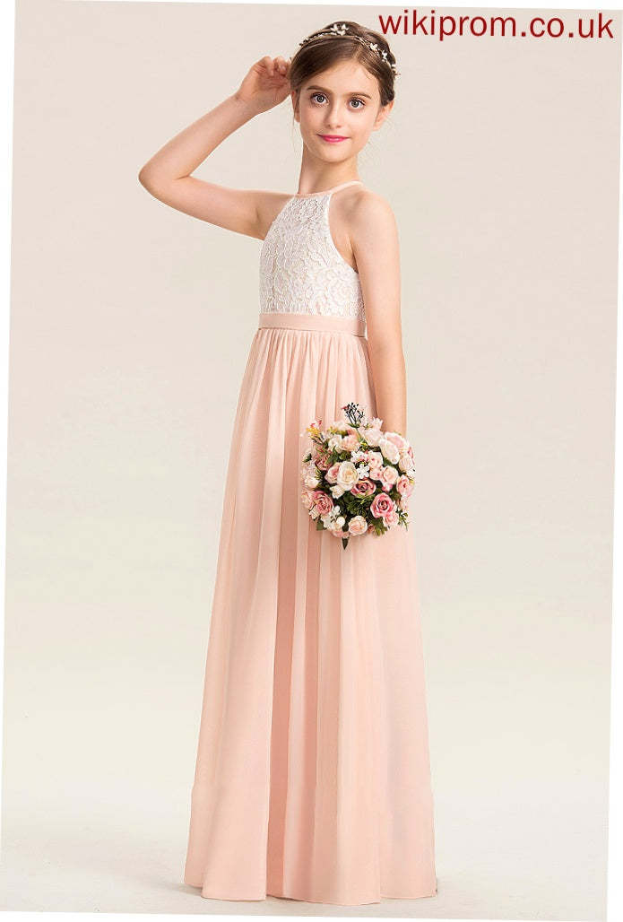 Summer A-Line Floor-Length Chiffon Scoop Lace Junior Bridesmaid Dresses Neck