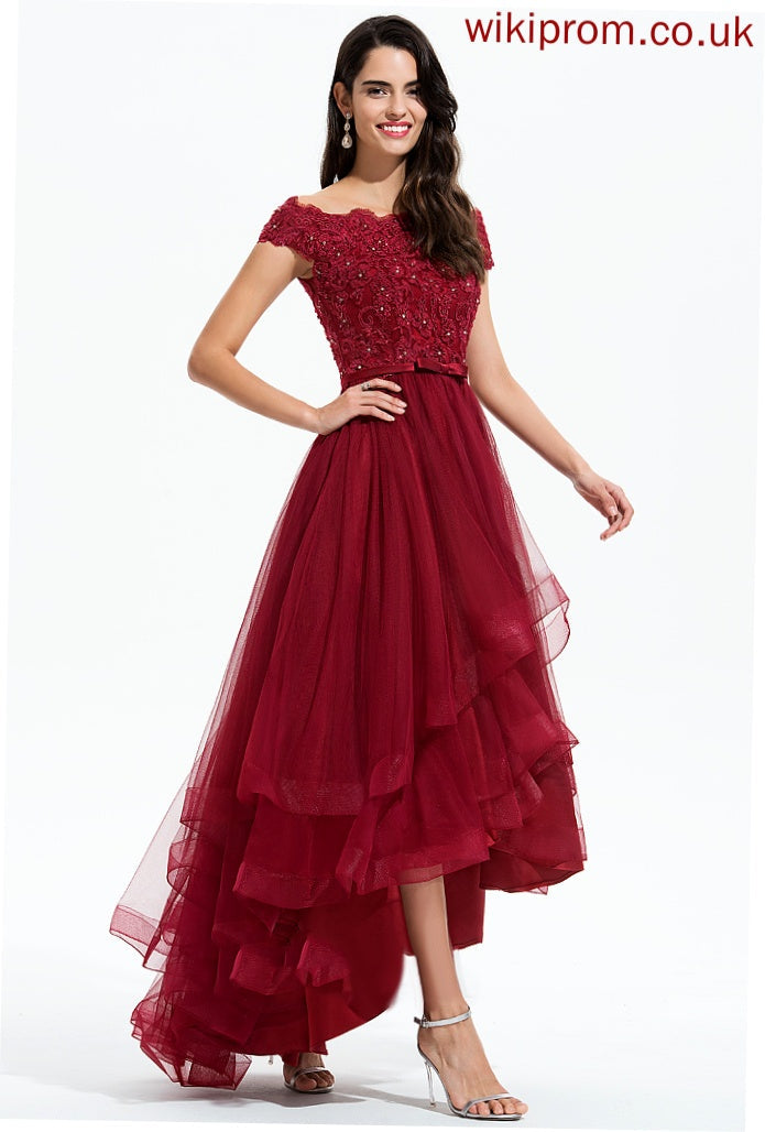 Asymmetrical Beading A-Line Bow(s) Rylie Homecoming Dresses Dress Homecoming Off-the-Shoulder With Lace Tulle