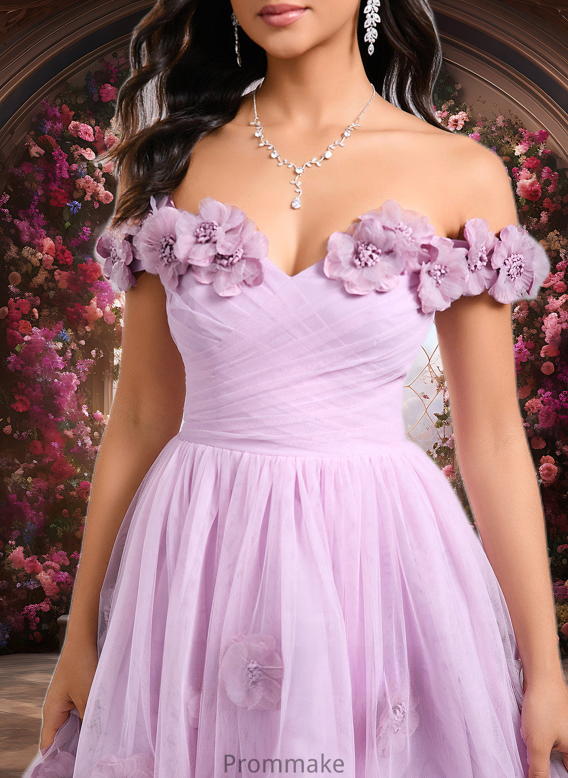 Geraldine Ball-Gown/Princess Off the Shoulder Short Tulle Homecoming Dress With Pleated Flower DUP0025668