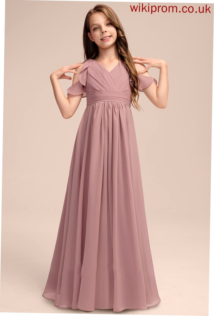 Ruffles Chiffon Floor-Length Junior Bridesmaid Dresses Kelly Cascading With V-neck A-Line