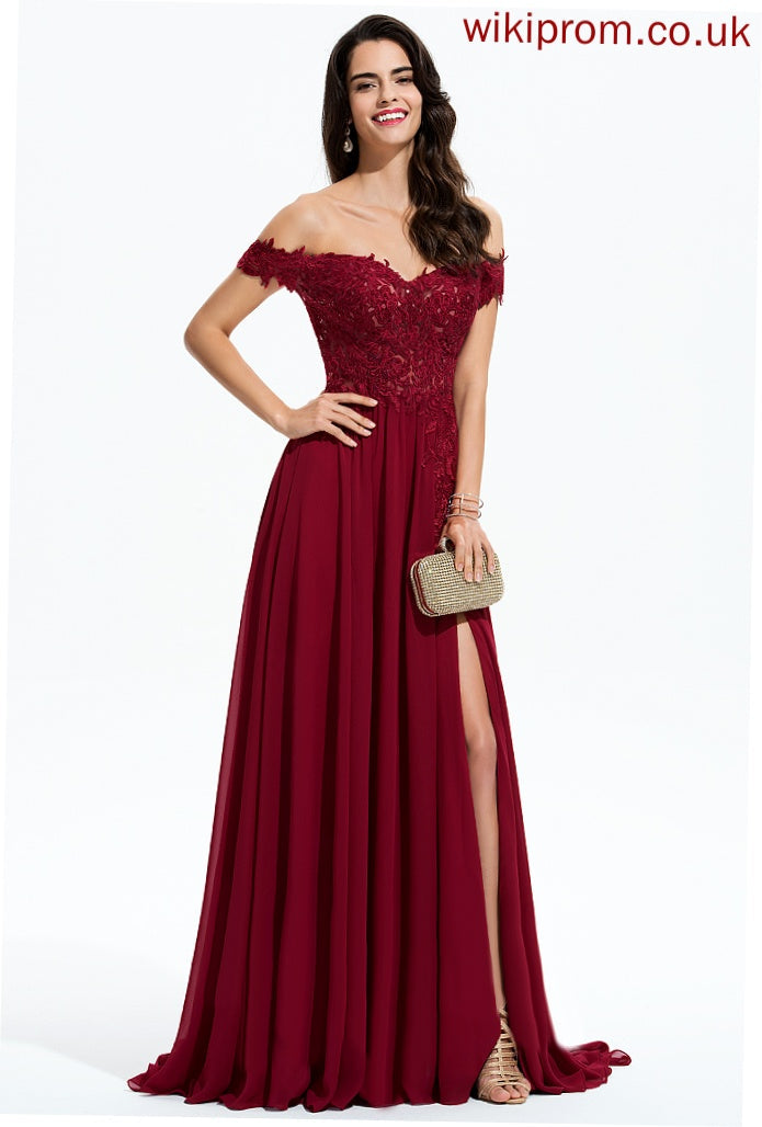 Sweep Off-the-Shoulder Train Sequins Prom Dresses Chiffon With Henrietta A-Line