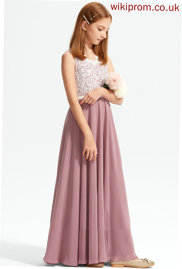 Junior Bridesmaid Dresses V-neck Chiffon A-Line Floor-Length Lace Ava