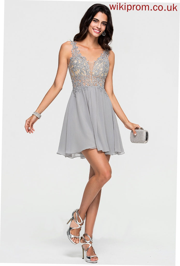 Brisa Chiffon Lace Dress V-neck Short/Mini A-Line With Homecoming Homecoming Dresses Beading