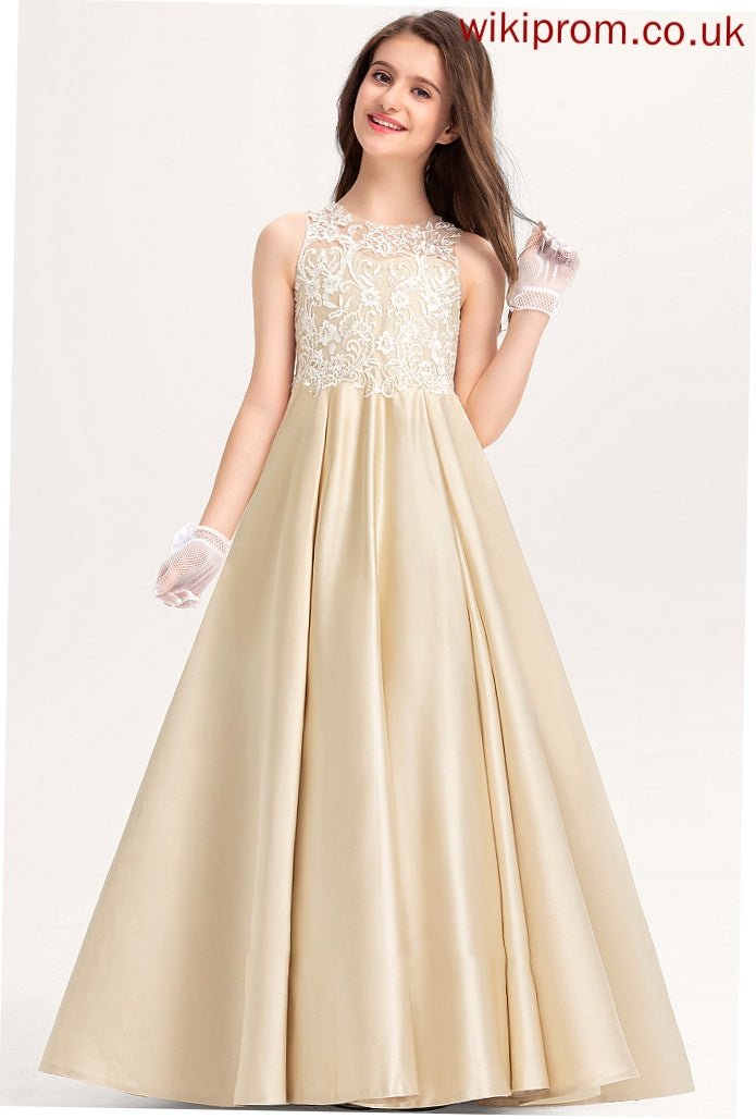 Lace Scoop Neck Satin Adeline Floor-Length Ball-Gown/Princess Junior Bridesmaid Dresses